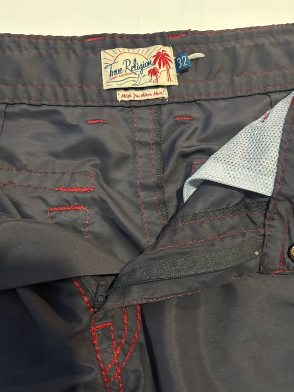 Men's Black TRUE RELIGION BOARD SHORTS with Red Stitching - GENTLY USED - Picture 3 of 5